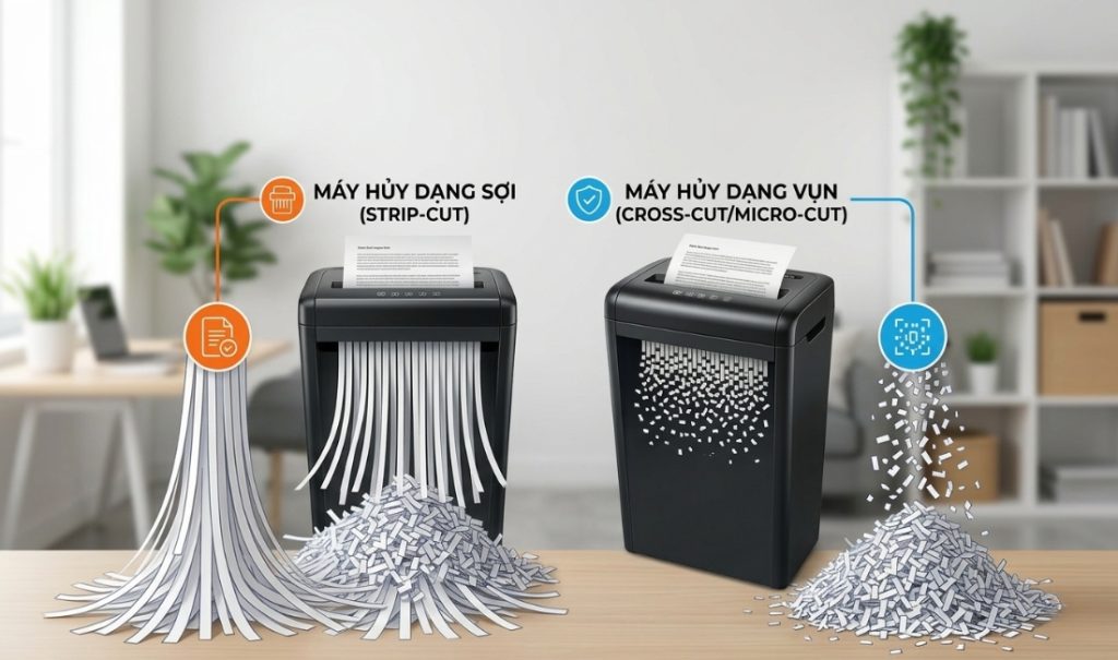 So sánh máy hủy tài liệu dạng sợi và dạng vụn: Đâu là lựa chọn tối ưu?